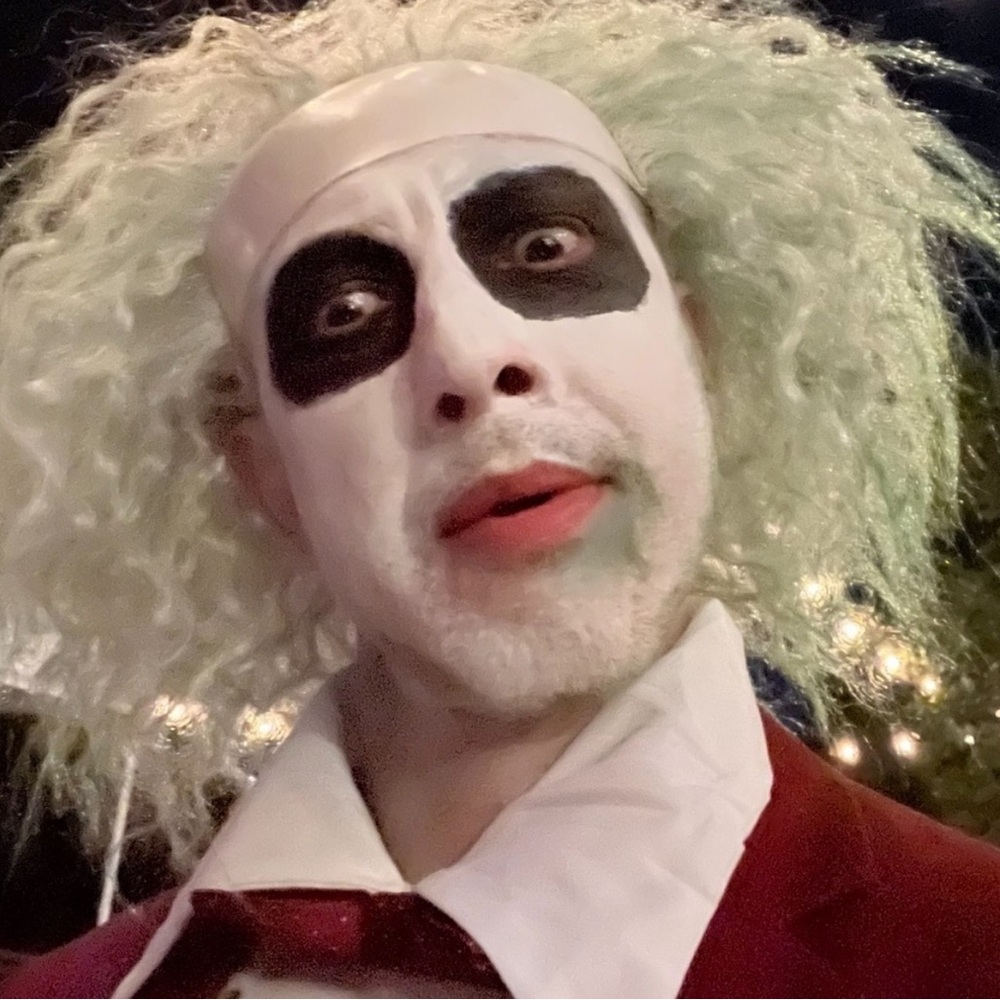 Beetlejuice, Beetlejuice, Beetlejuice Wig!
(Forehead painted) Halloween Costume